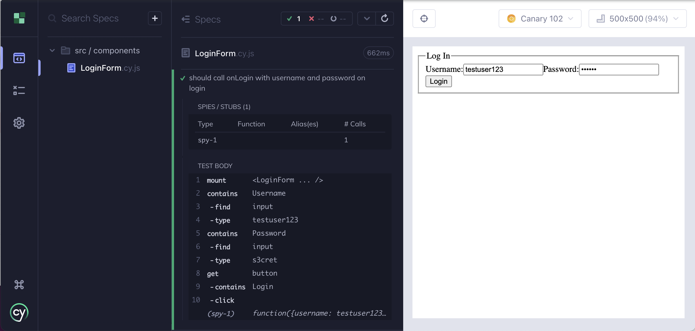 Cypress app showing spies and stubs panel with rendered component